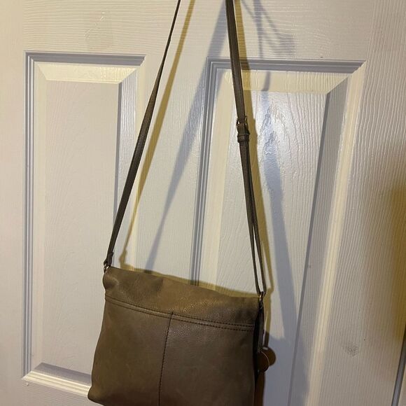 Margot Fold over Taupe Leather Crossbody Bag  brass hardwares and accent - Picture 12 of 13